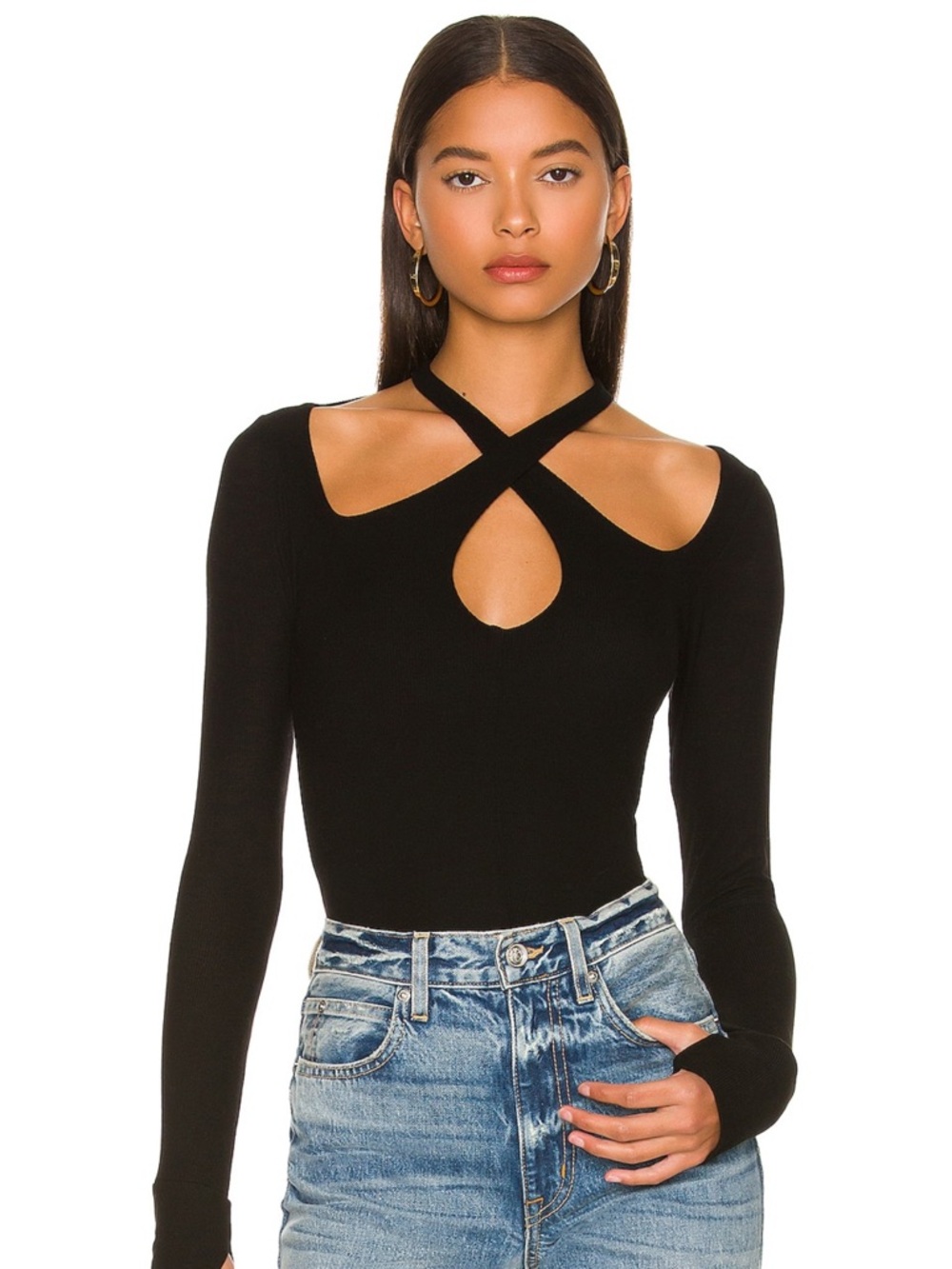 Michael Lauren Gael Black Long-Sleeve Crisscross Keyhole Top